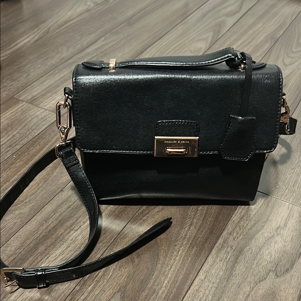 Charles & Keith Black Crossbody Bag with Gold Hardware